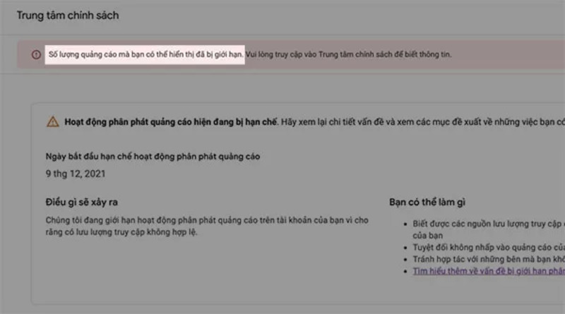 Google Adsense bị limit