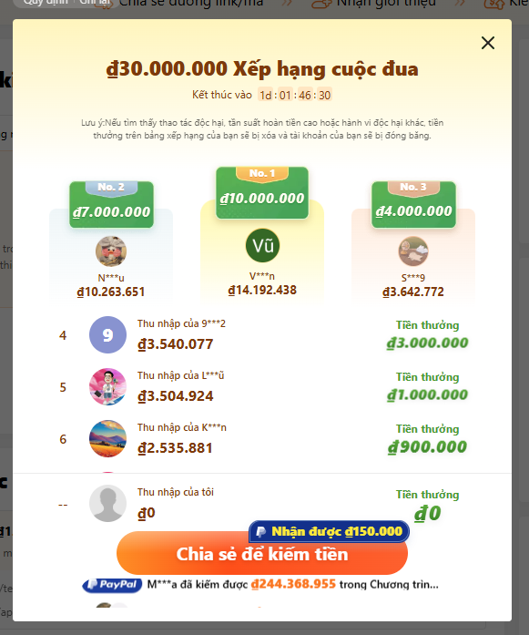Giao diện xếp hạng cuộc đua