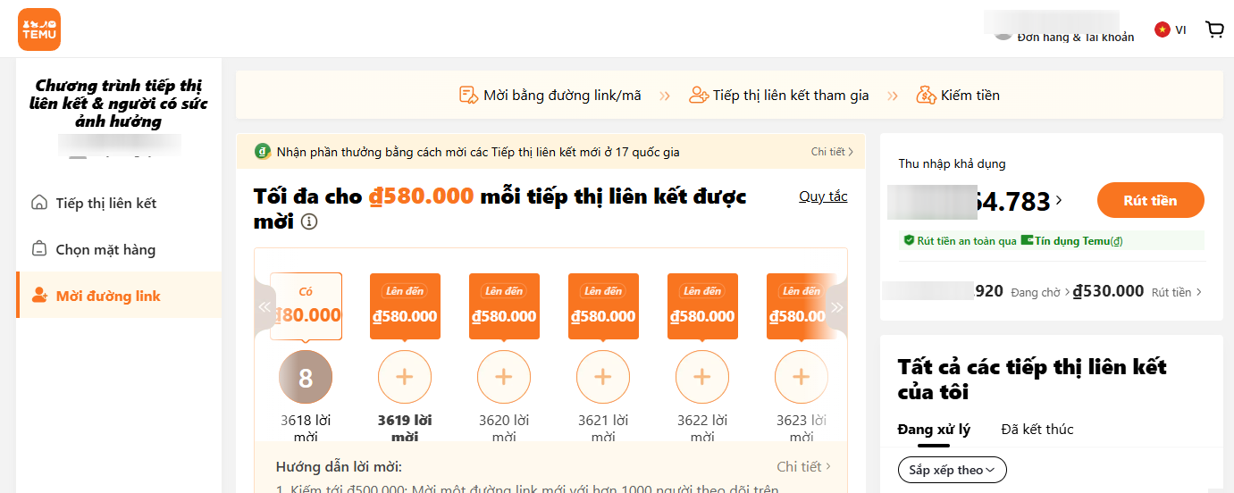 Giao diện ở tab mời đường Link