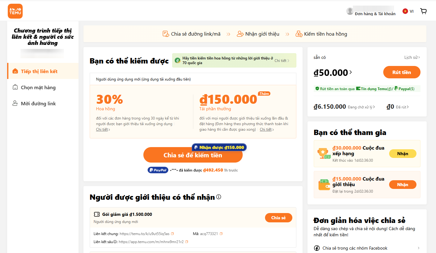 Giao diện Dashboard của Affiliate Temu trên máy tính
