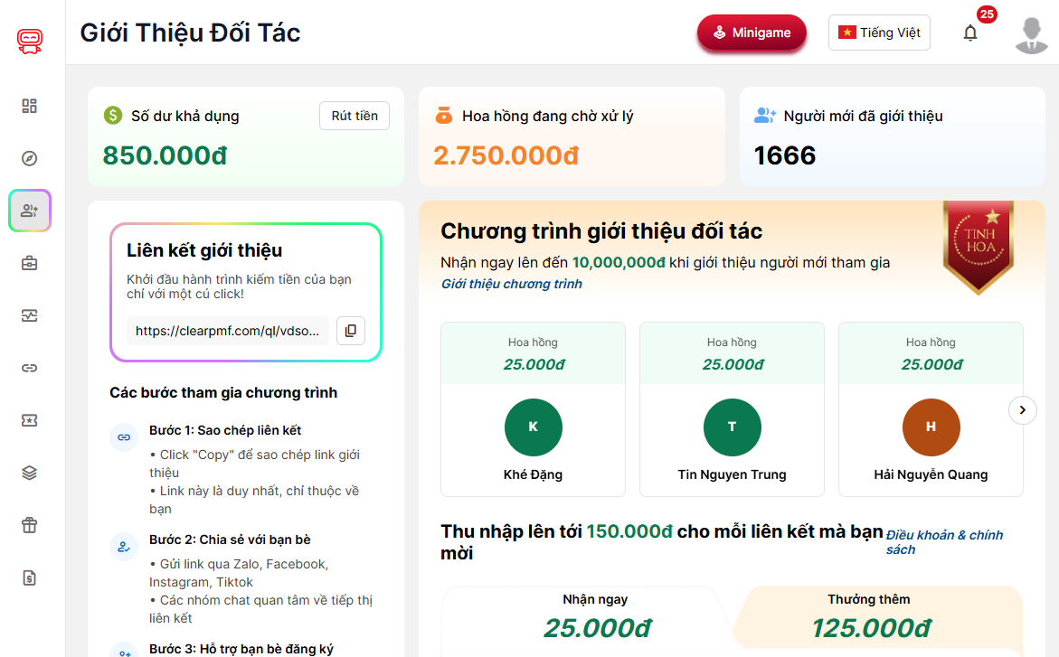 Giao diện chính chương trình Referral của Permate
